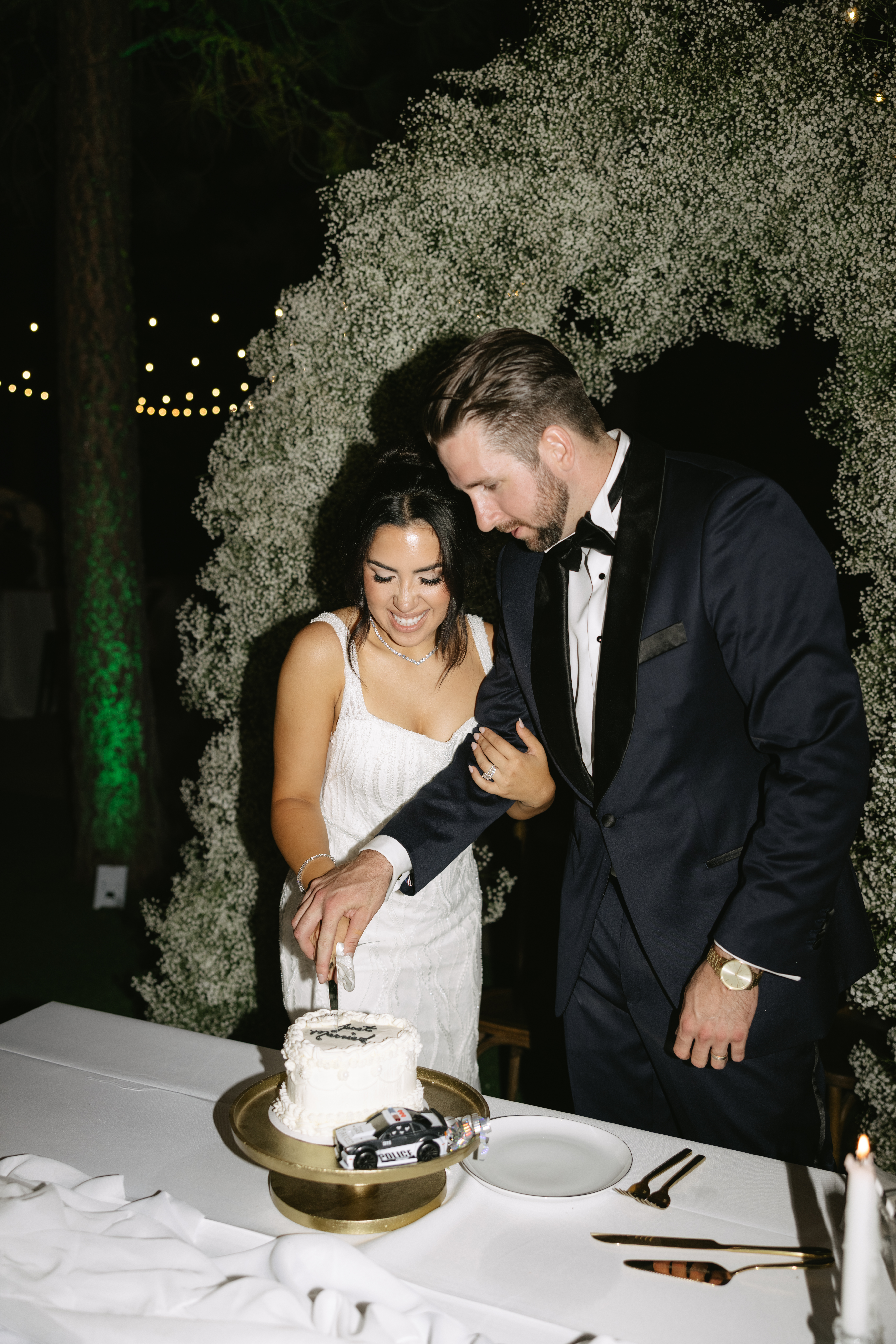 Couple cutting their cake at their wedding reception