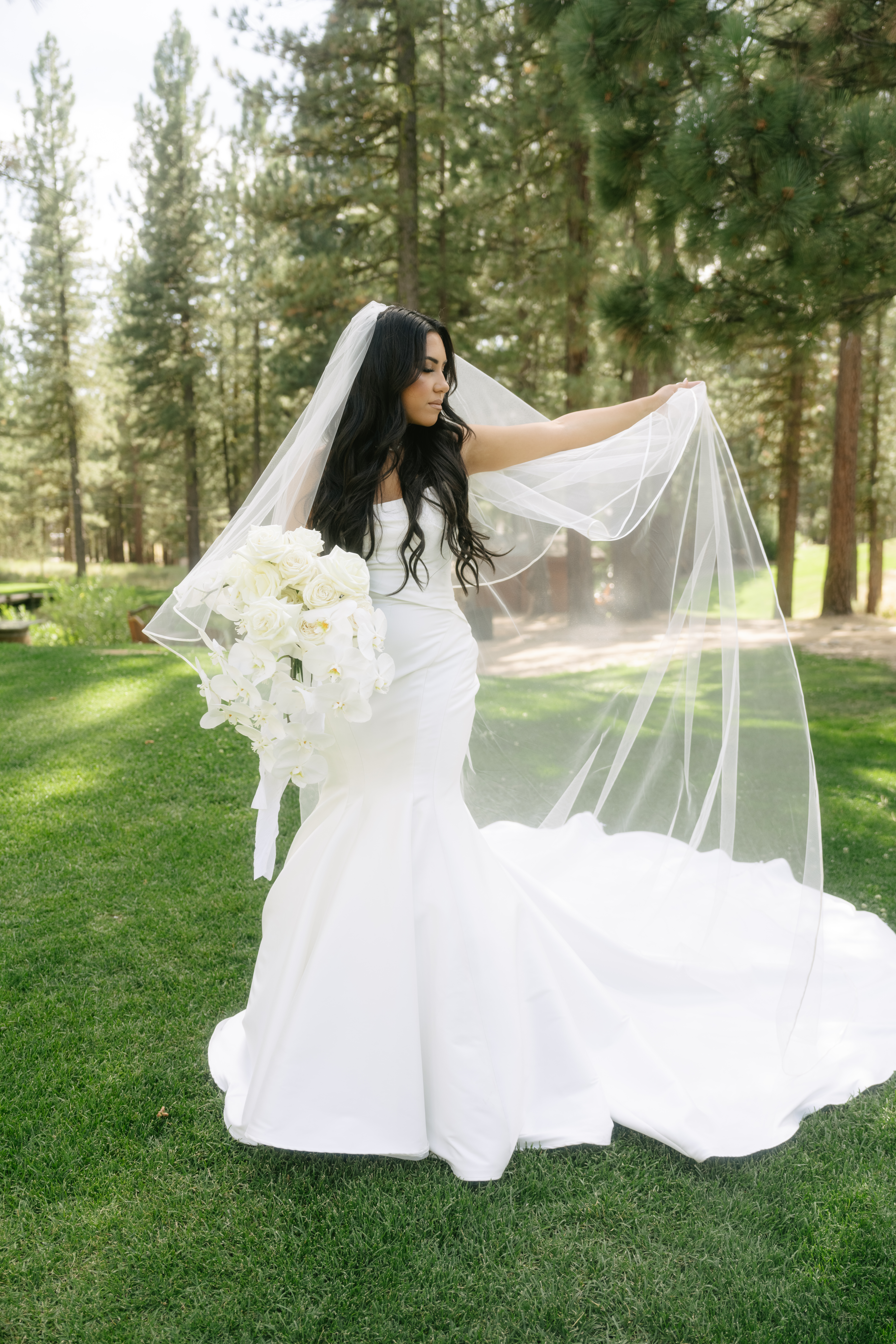 Bride holding her simple veil in a bridal portrait with a simple elegant wedding dress and white bouquet