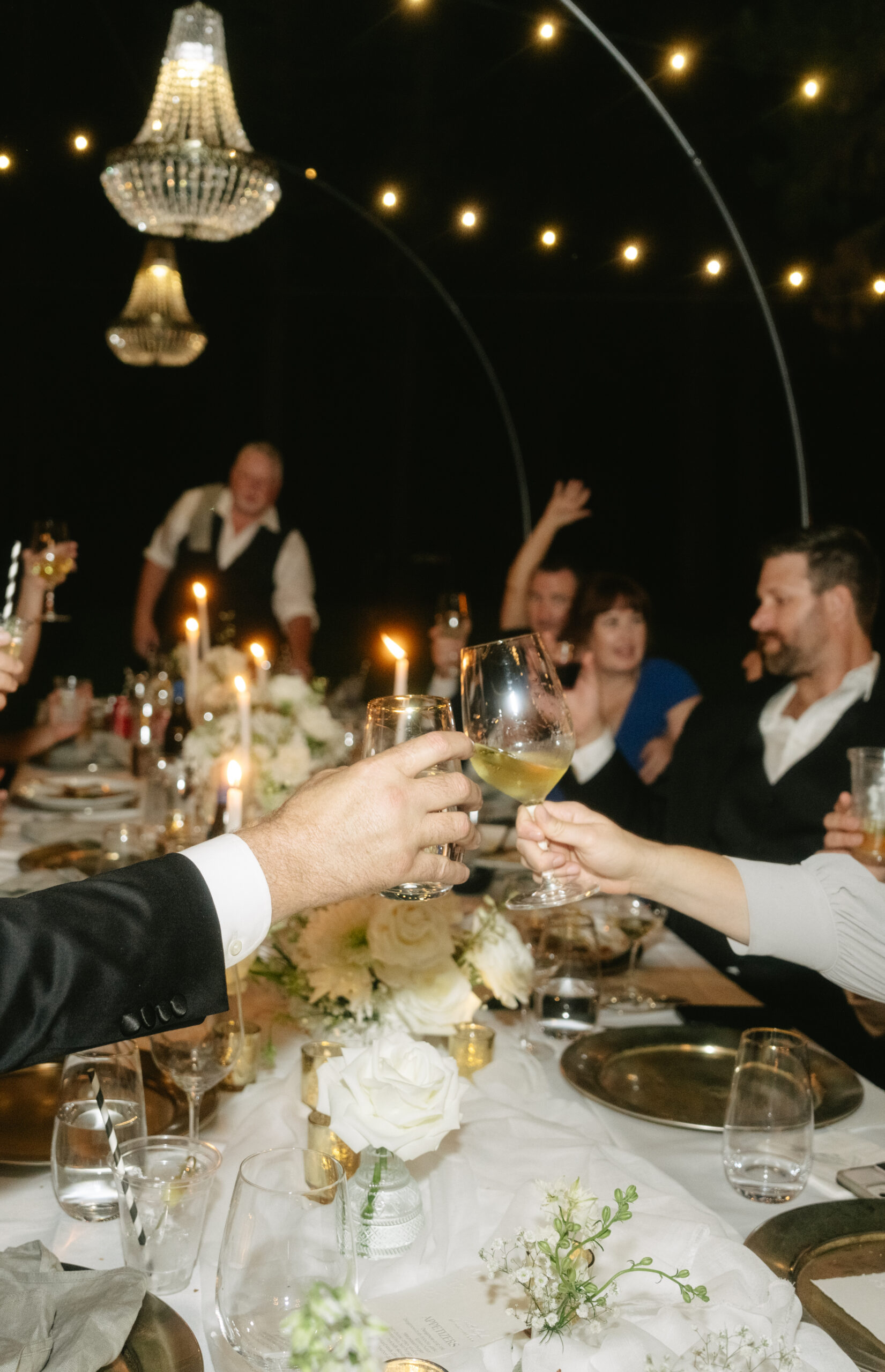 Guests clinking glasses at a wedding reception