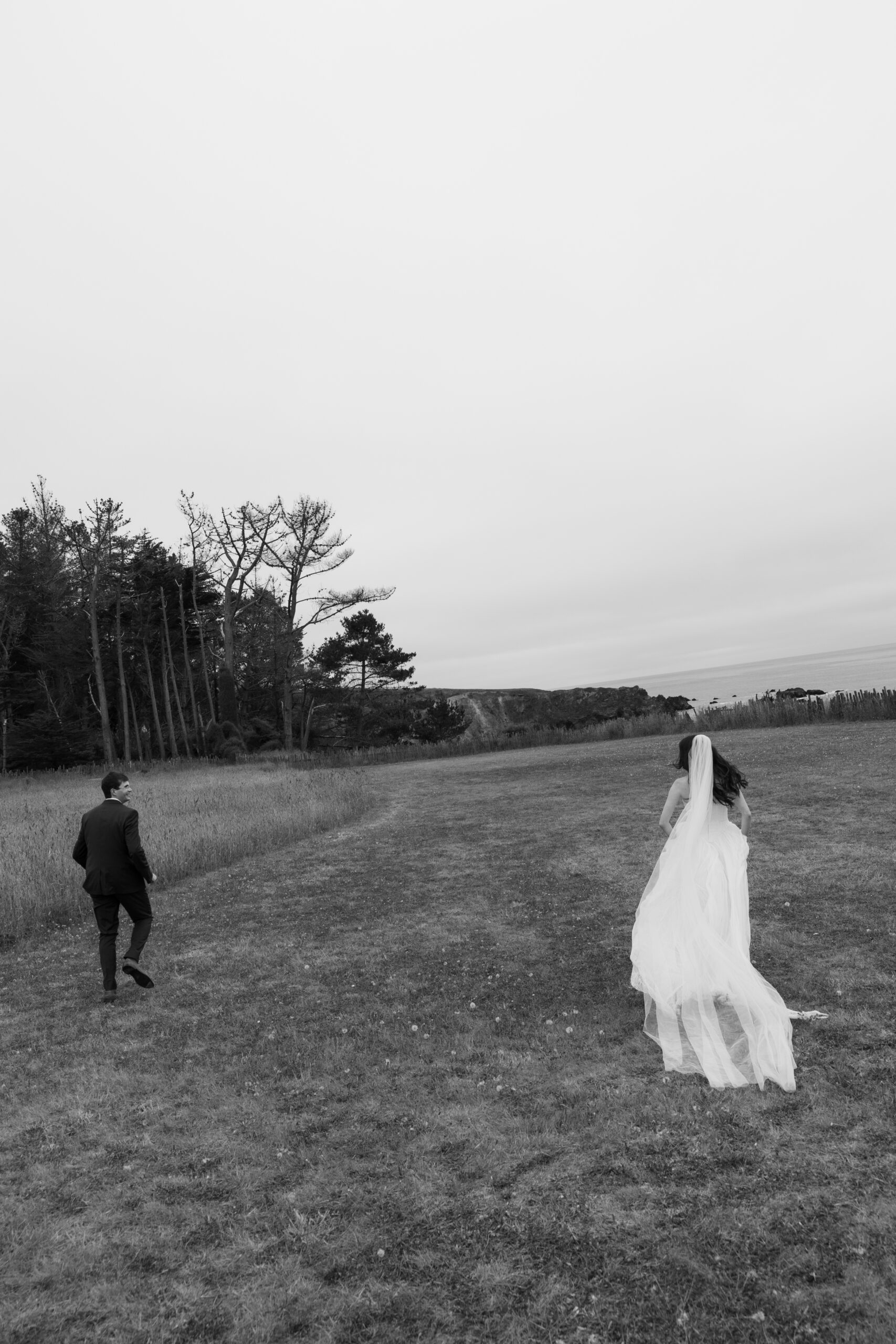 Black and white photo of bride and groom running through the meadows at Swtizer Farm