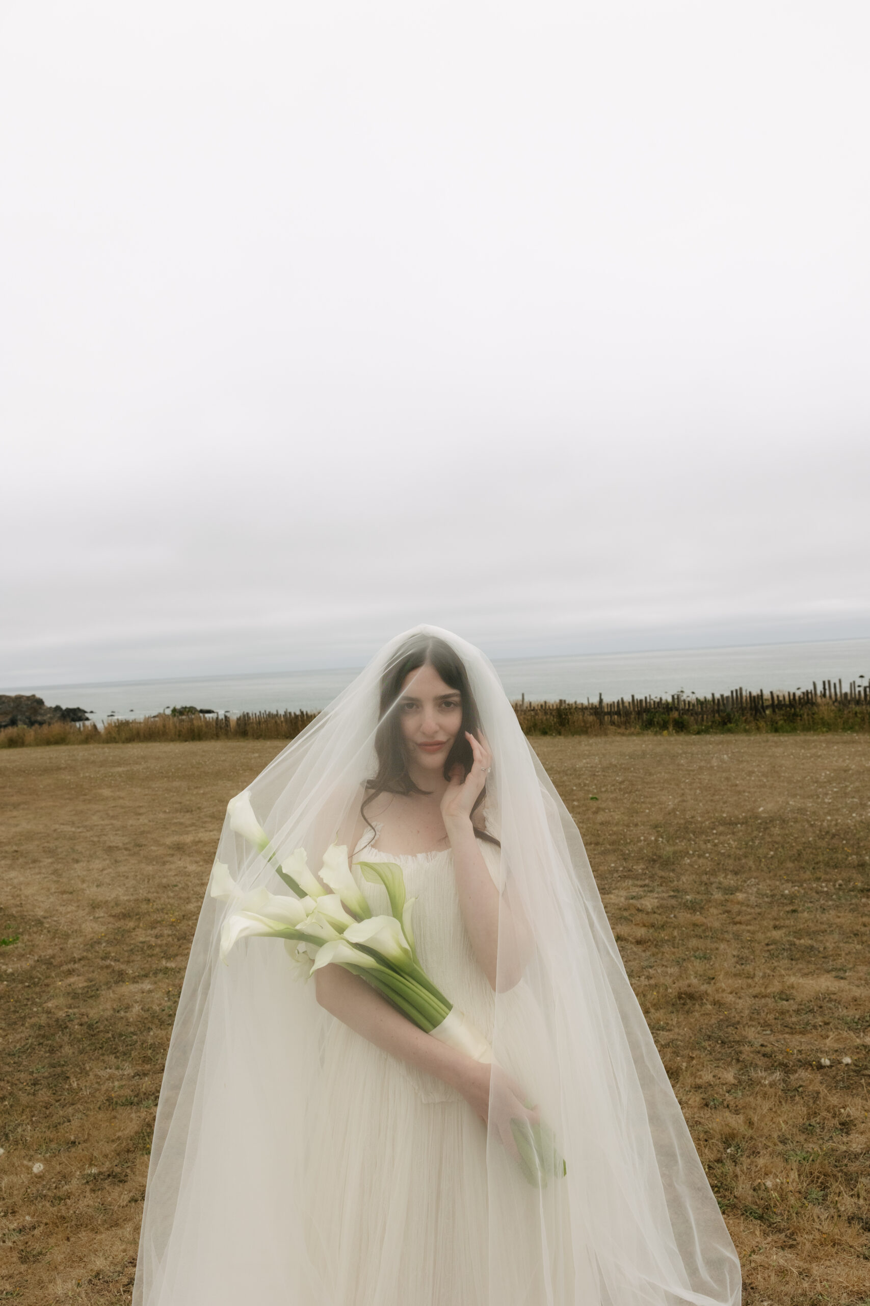 Bride posing under her veil for a bridal portrait