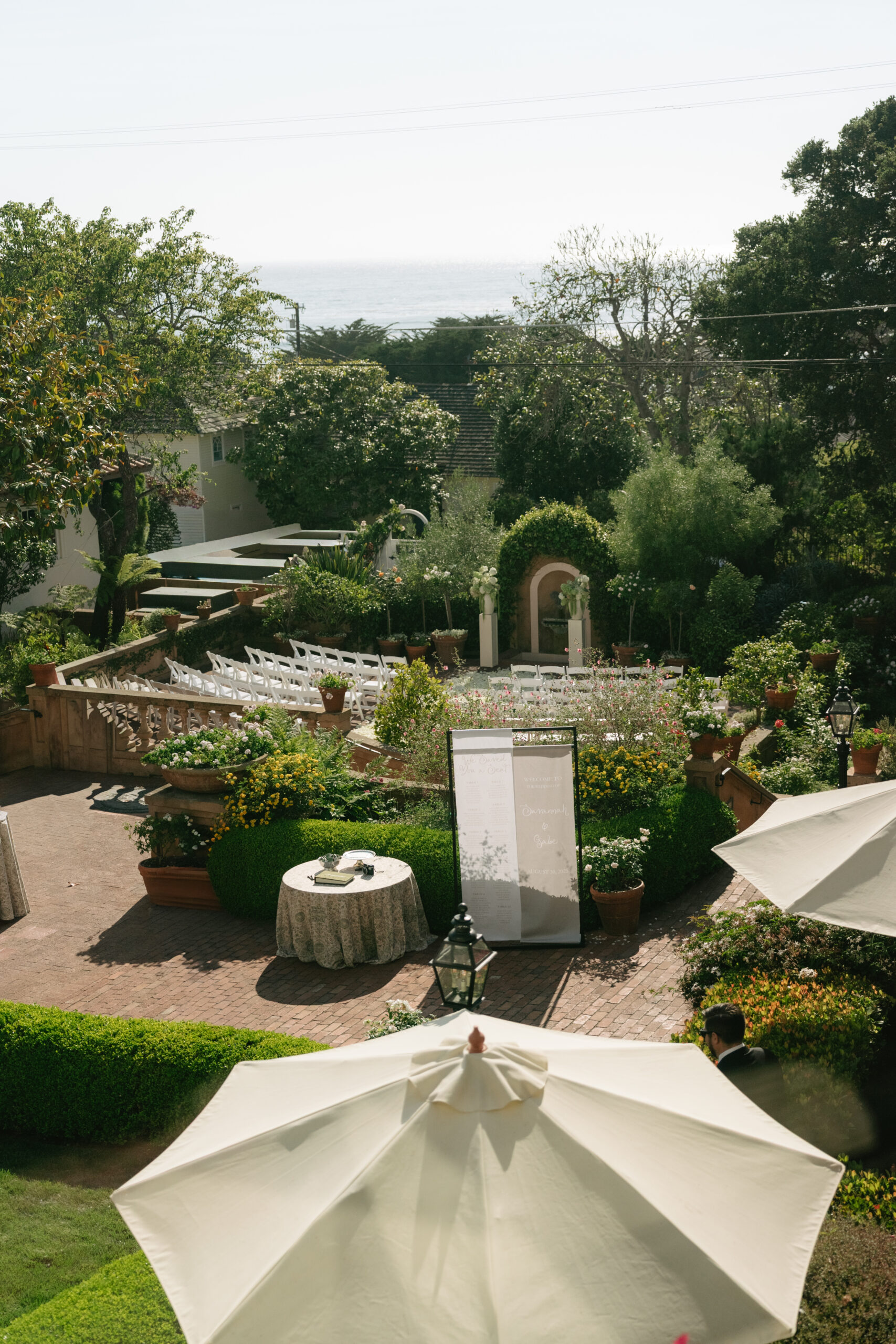 An outdoor wedding ceremony setup at La Playa Hotel in Carmel CA