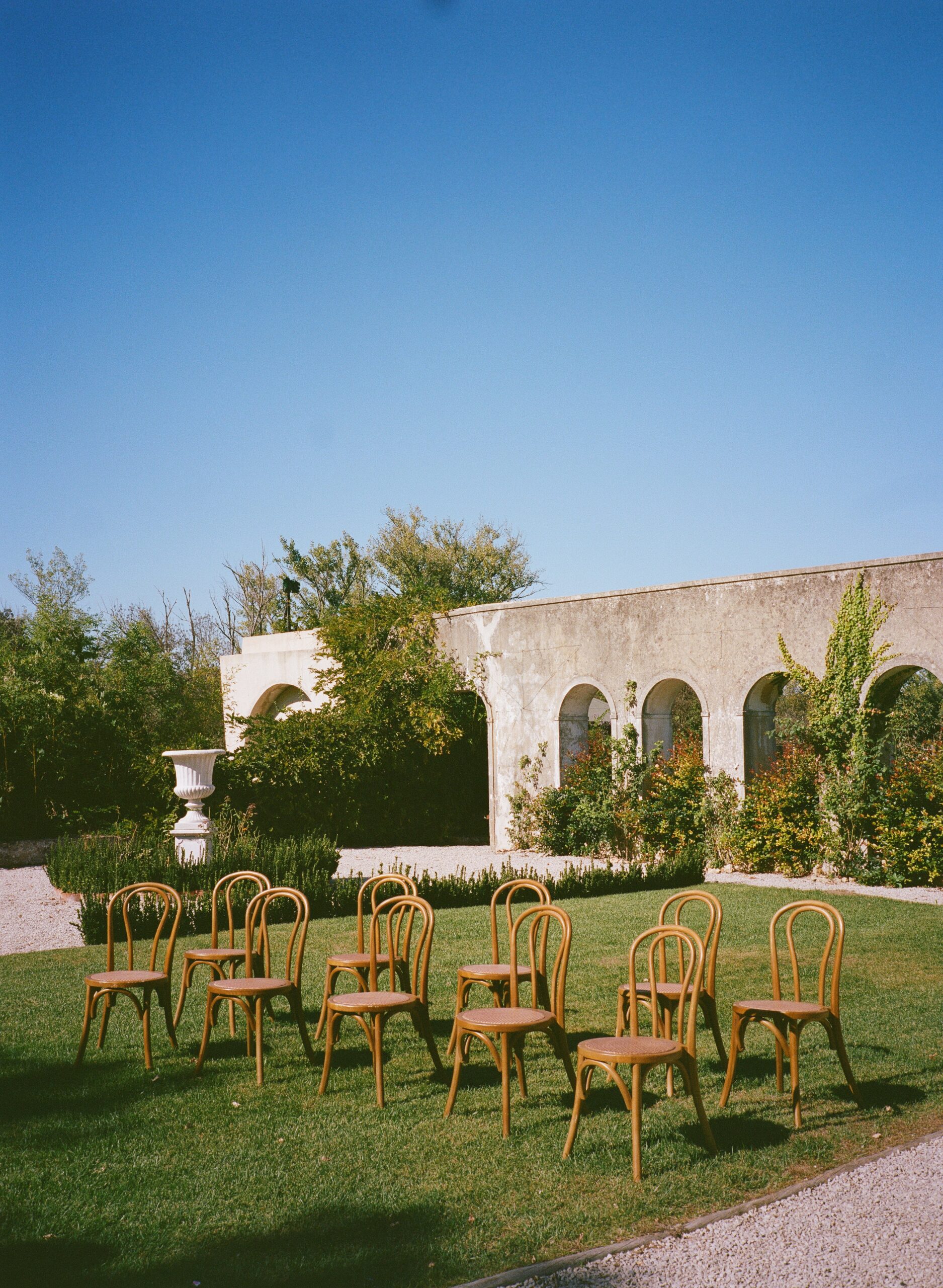 Film wedding photo of chairs set up for the ceremony