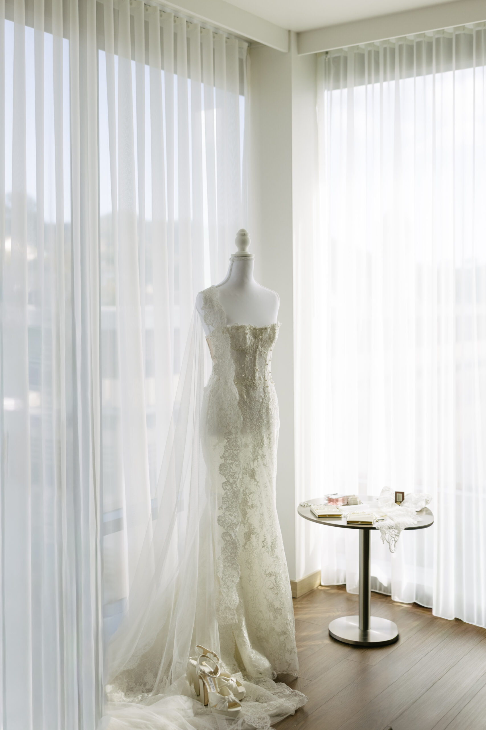 A lace wedding dress on a mannequin