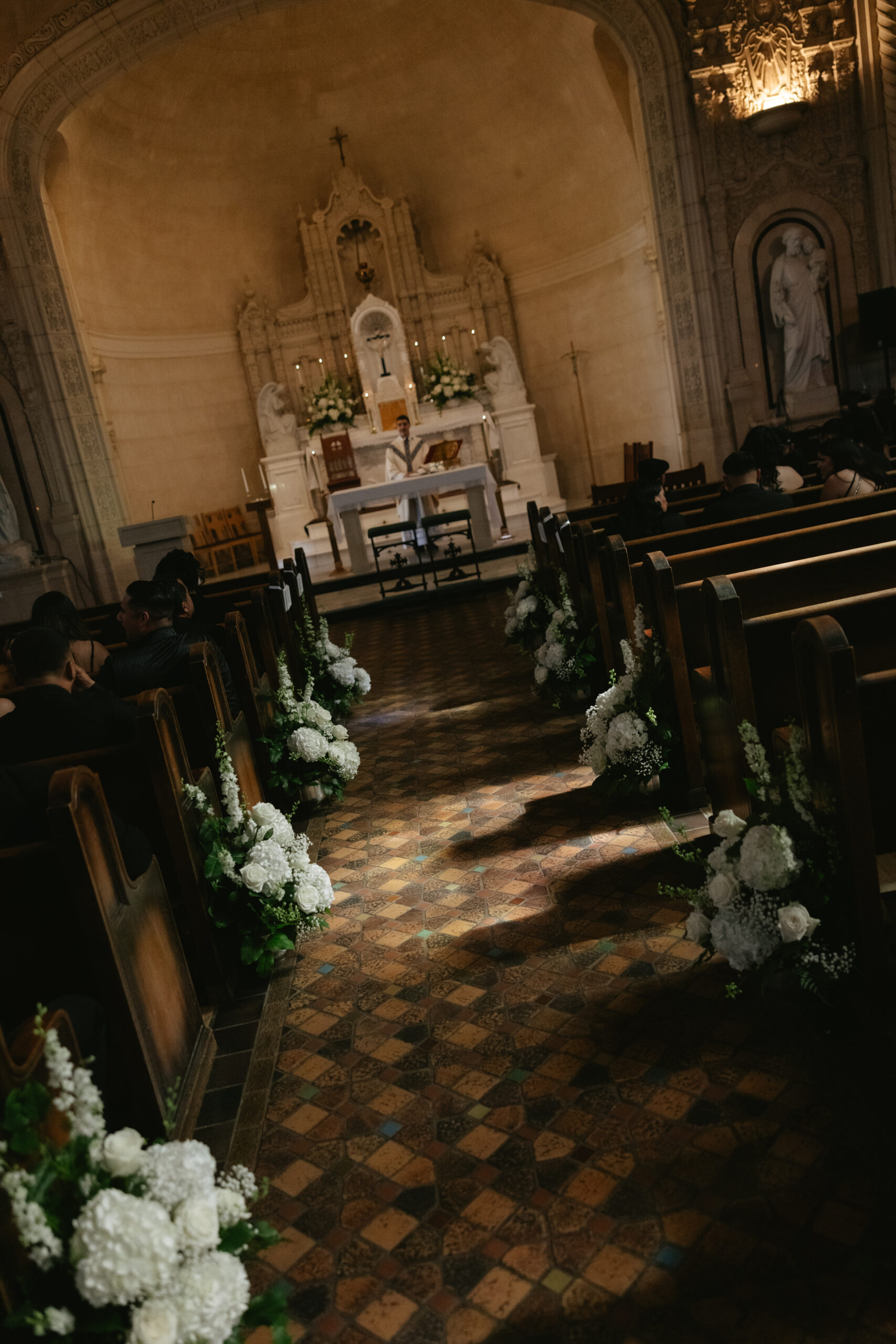 The inside of a church set up for Catholic weddings