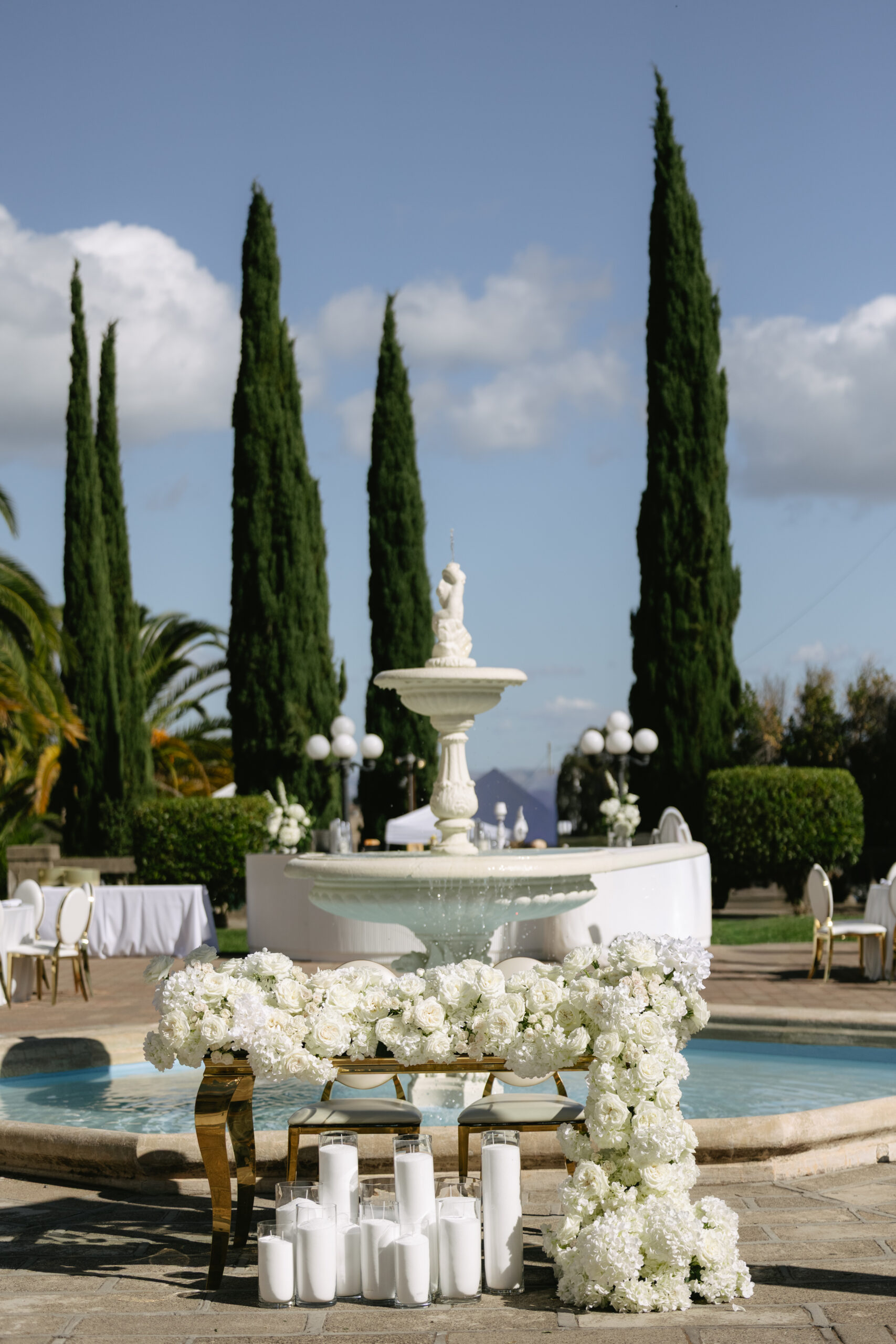 A sweetheart table setup at a Catholic wedding reception