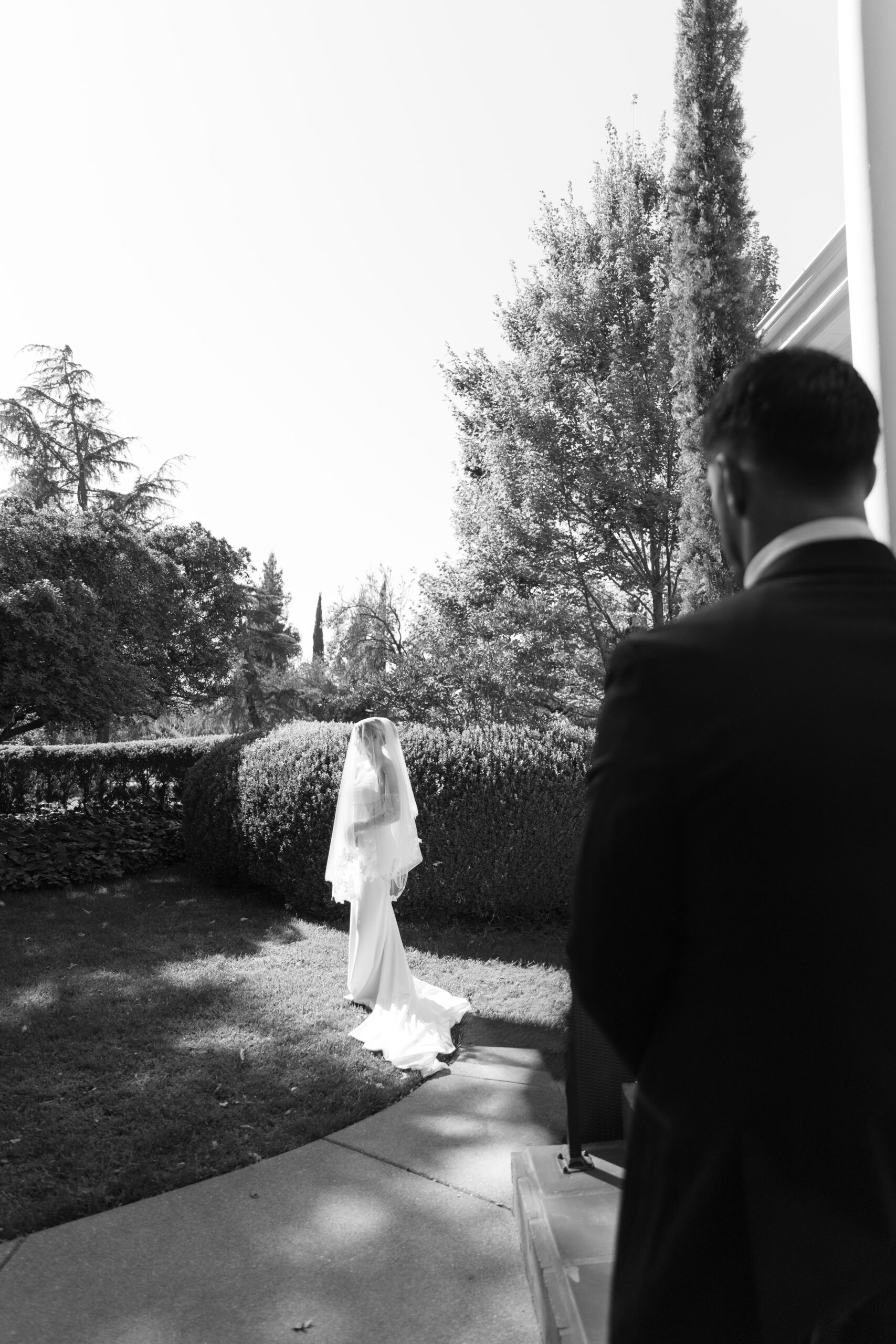 A black and white photo of a bride and groom at PArk Winters