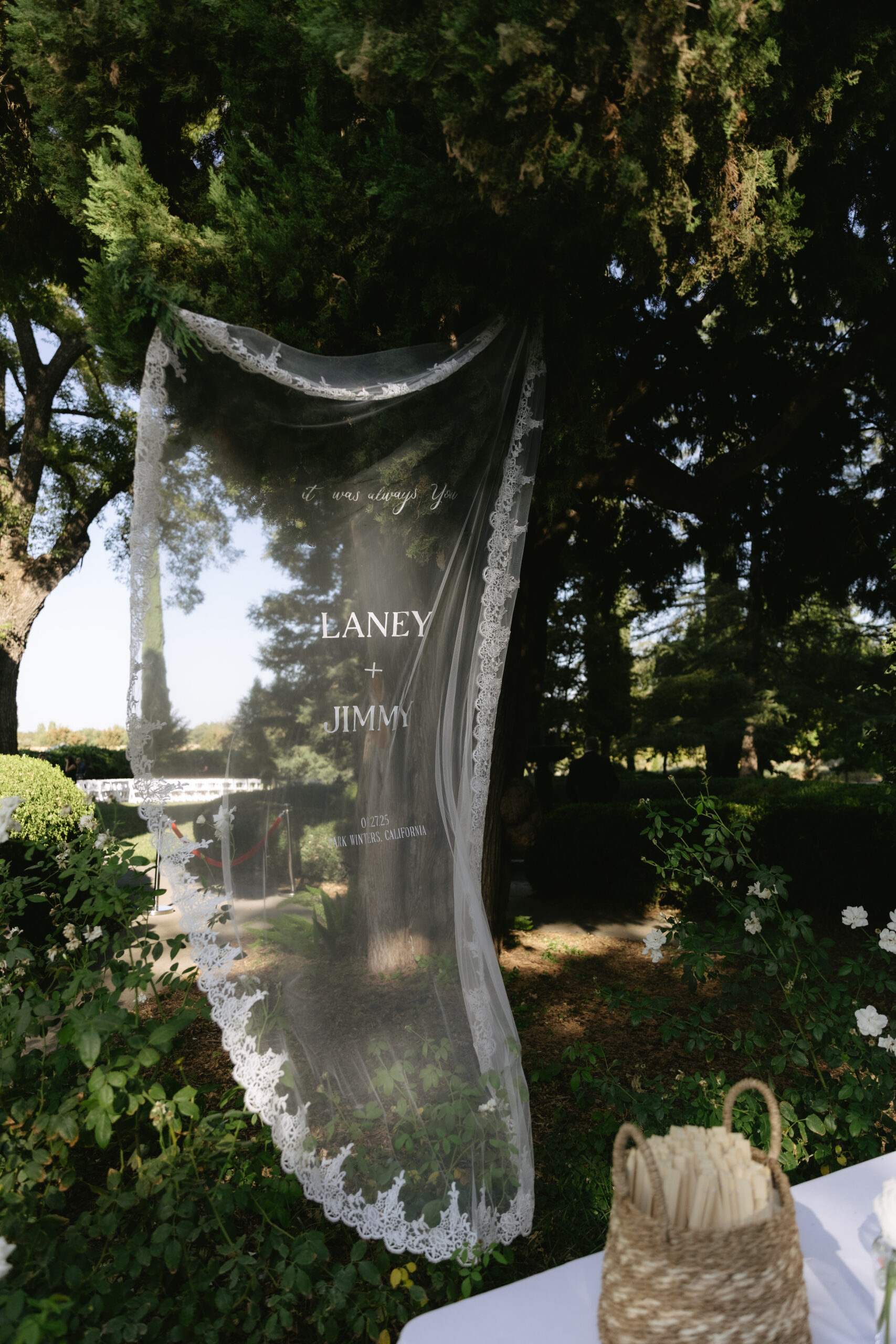 A lace and tulle wedding welcome sign